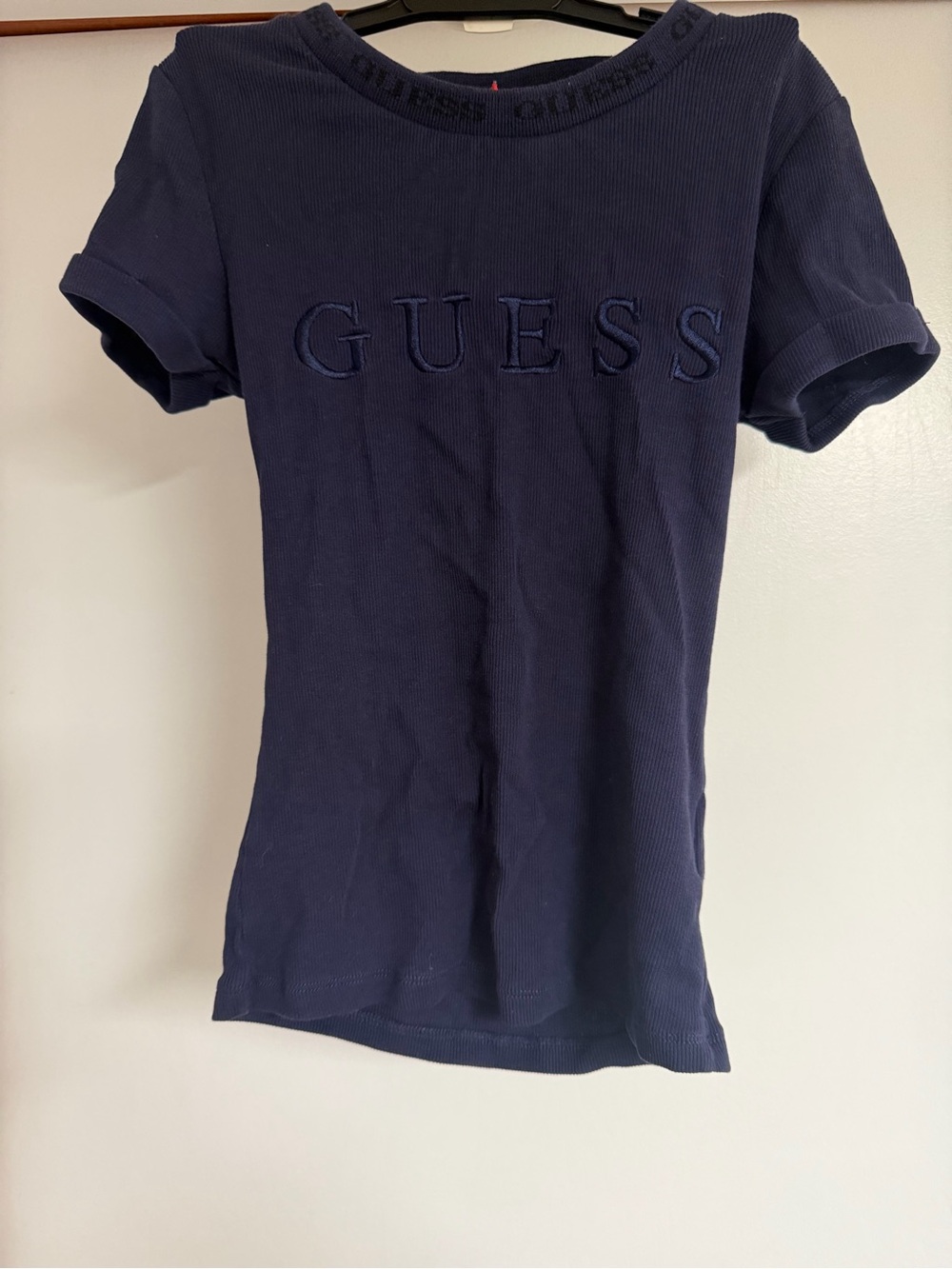 GUESS Navy Ribbed Short Sleeve Logo Tee